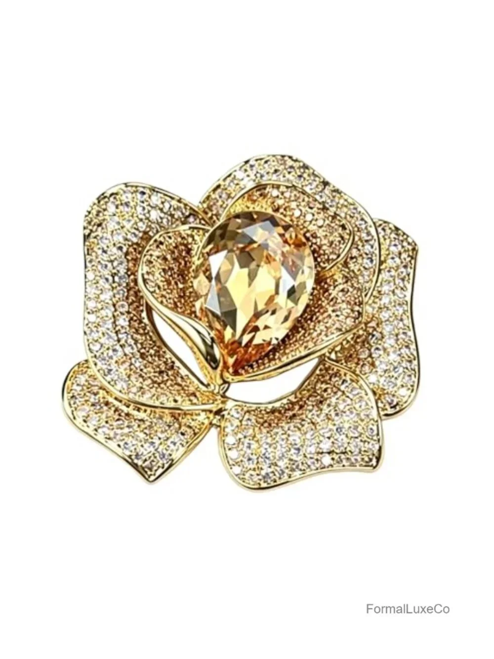 Gold Rose Brooch Pin with Crystal & Cubic Zirconia for Women